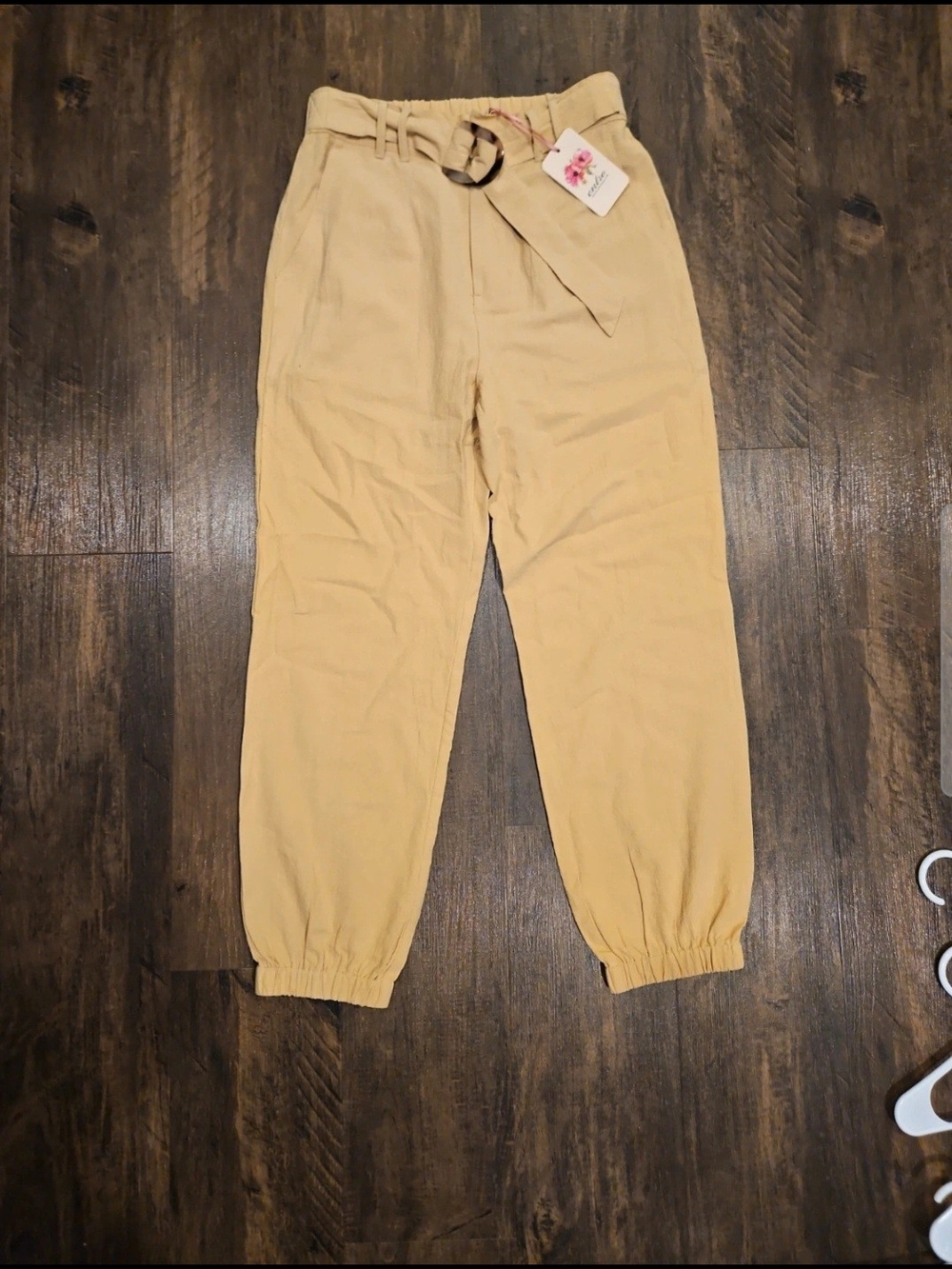 entro Tan Paperbag Waist Pants with Pink Tie